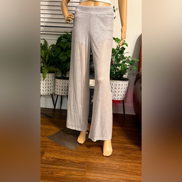 Wild Fable-Mid-Rise Wide Leg Sequined Pants w/ Free White V Neck Tee - Picture 1 of 7